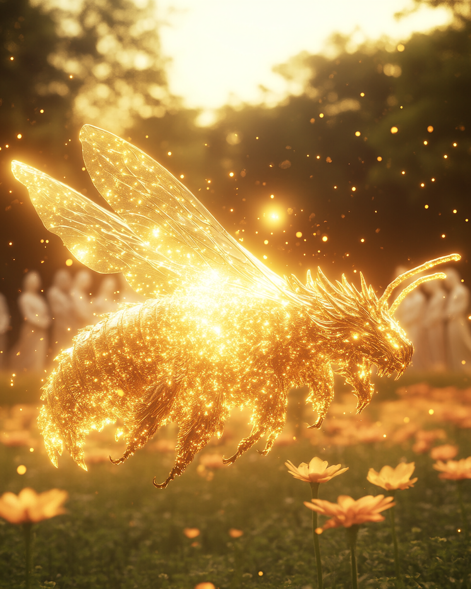 Golden Dragon Bee, shimmering over divine flower field.