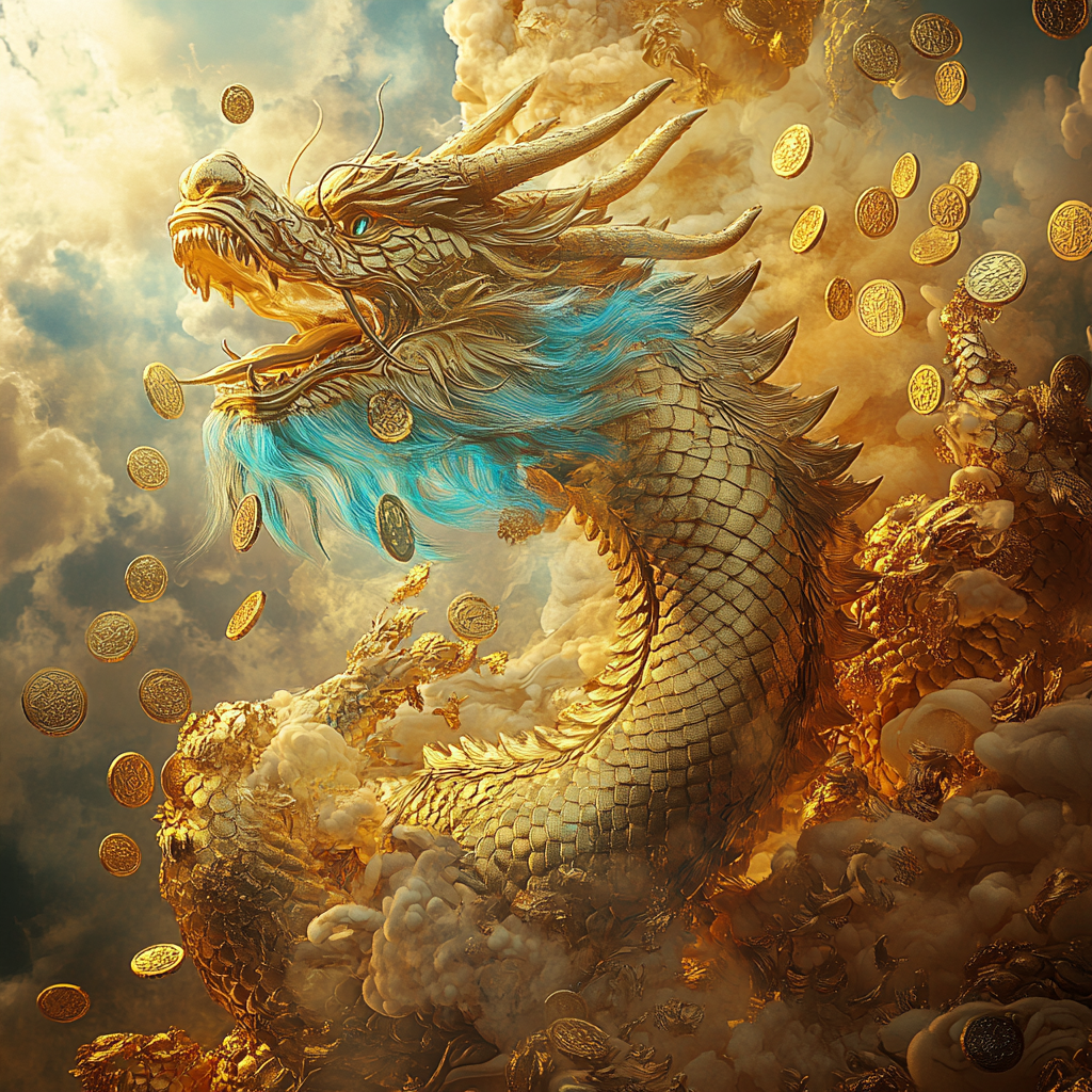 Golden Dragon Showering Coins in Radiant Sky