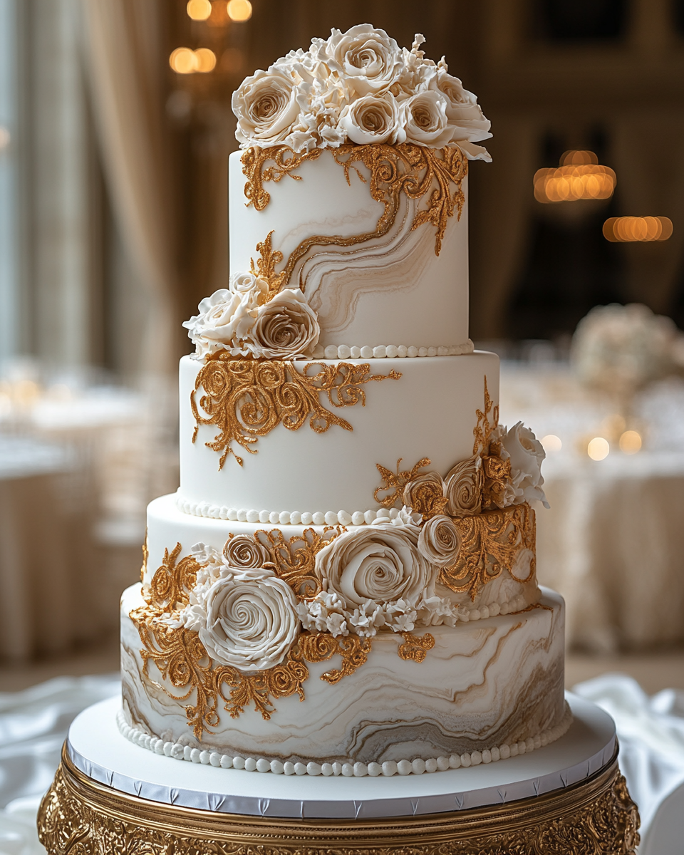 Golden Geode Palace Cake in Ballroom Setting