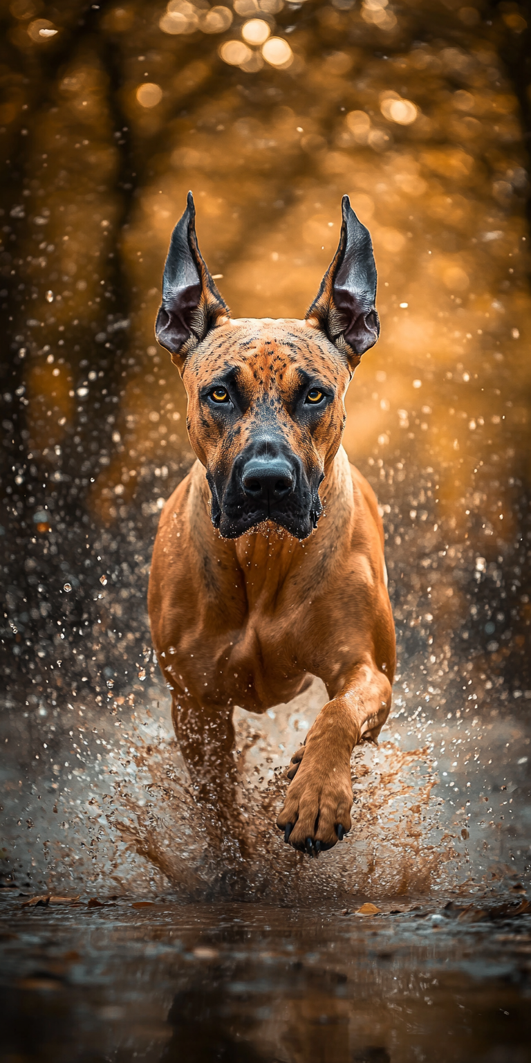 Golden Great Dane with horns running in mist.