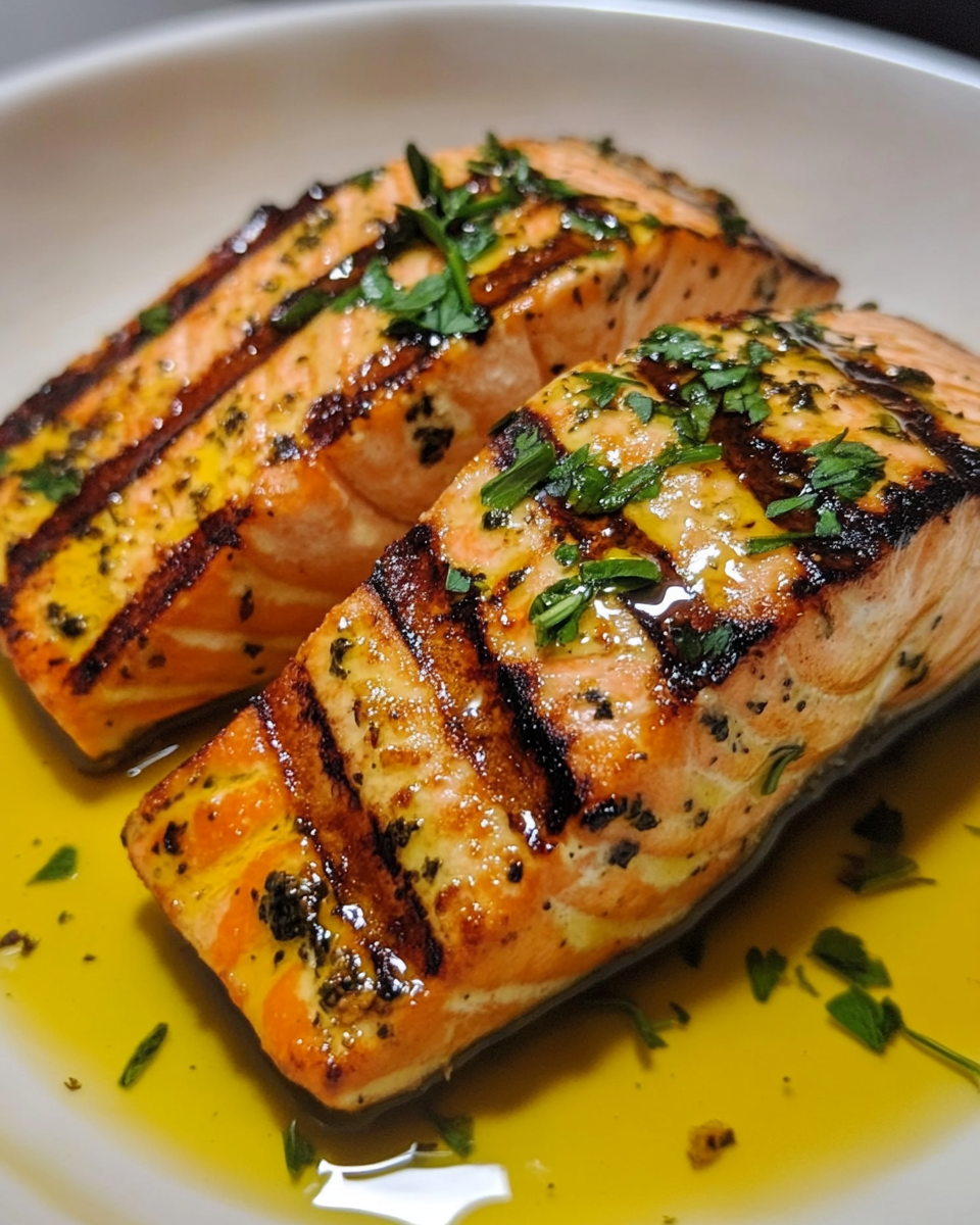 Golden Grilled Salmon in Herb Butter Bowl, Delicious Close-Up.