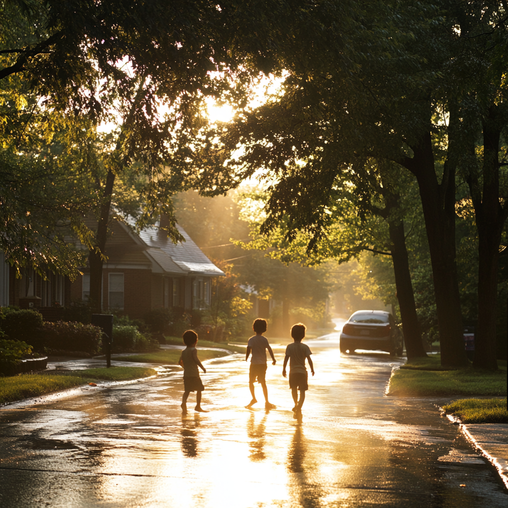 Golden Hour Childhood Play In Suburban Neighborhood