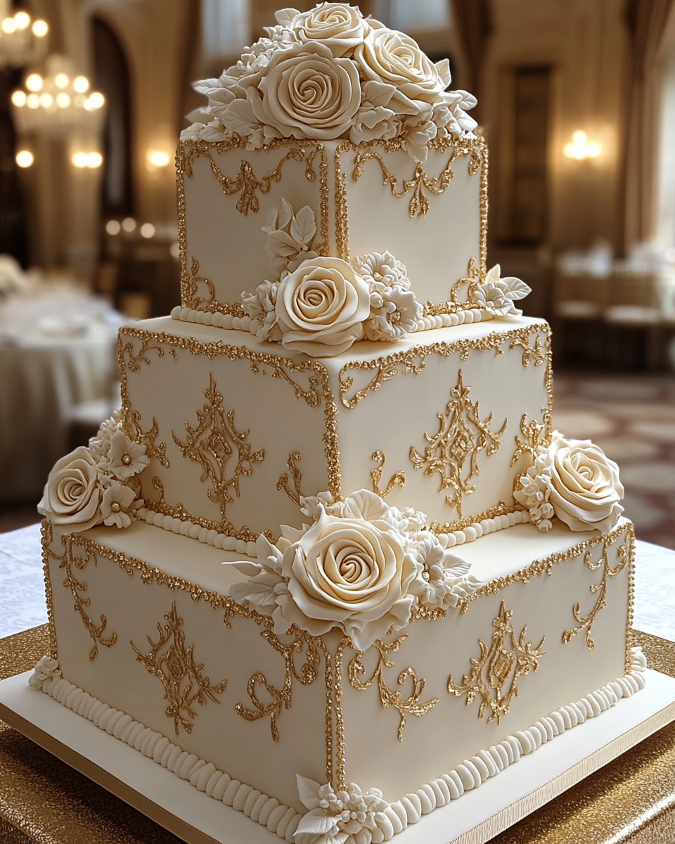 Golden Iolani Palace Inspired Cake Display in Ballroom.