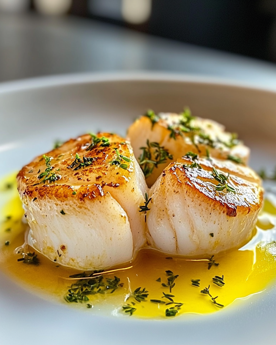 Golden Lemon Butter Scallops in White Bowl, Close-Up.