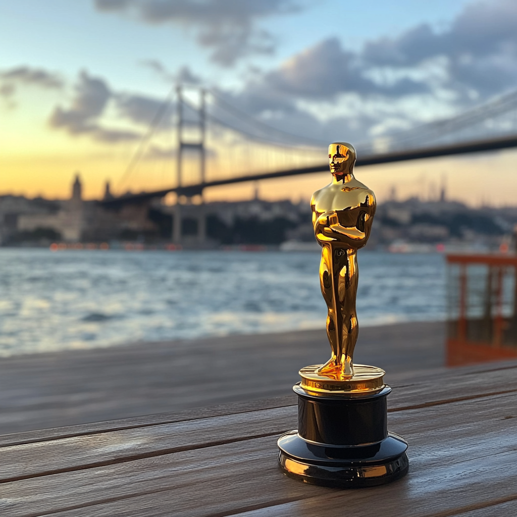 Golden Oscar statue dances on Bosphorus Bridge at sunset.