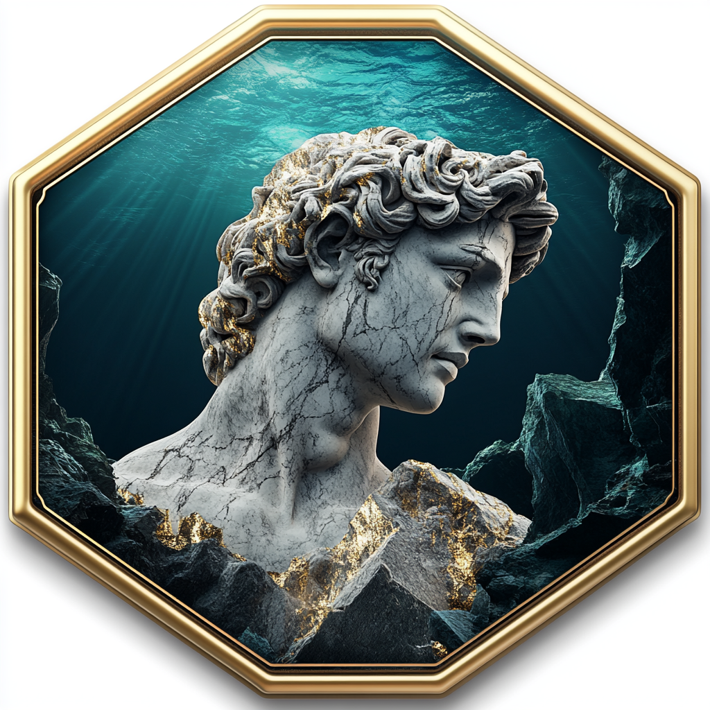 Golden Outlined Badge with Underwater Greek Statue