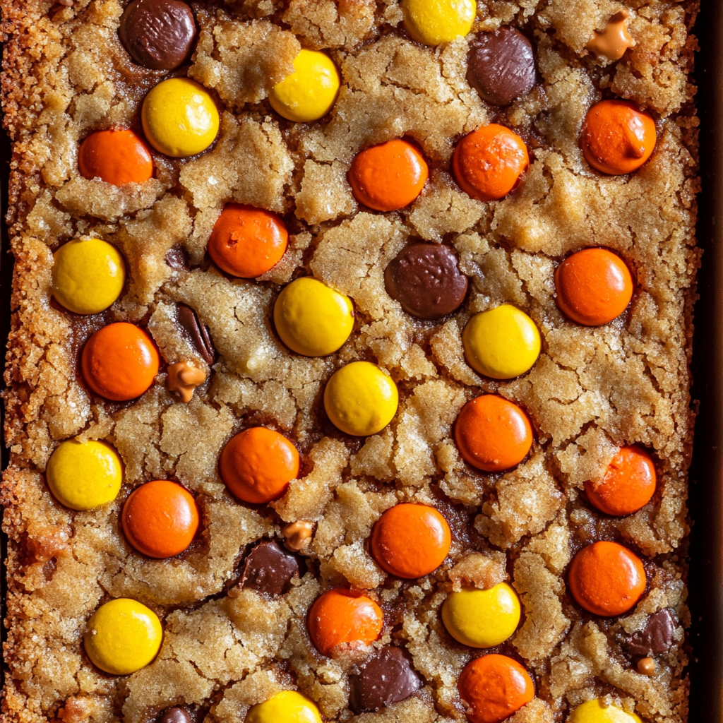 Golden Reese's Pieces Cookie Bars in Baking Pan