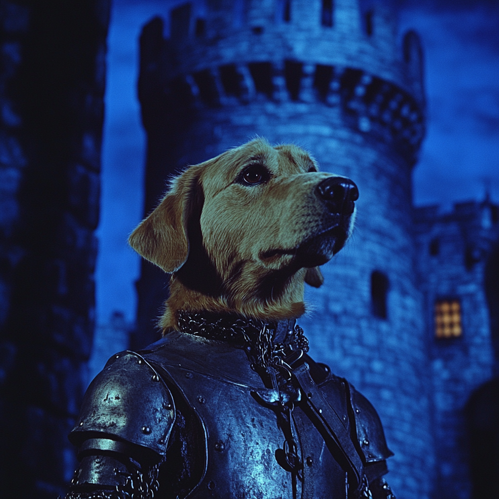 Golden Retriever Knight in Eerie Medieval Castle