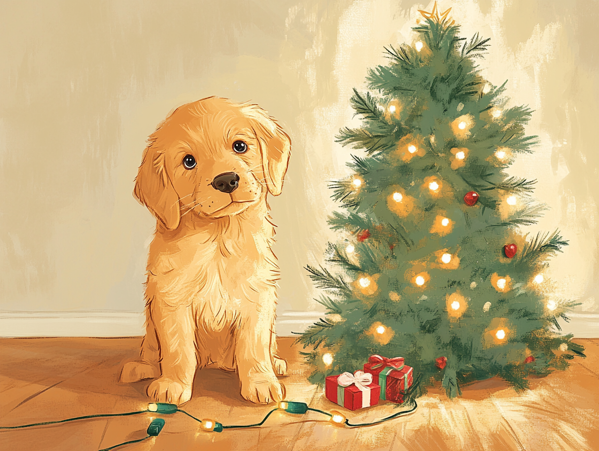 Golden Retriever Puppy tangled in Christmas lights near tree.