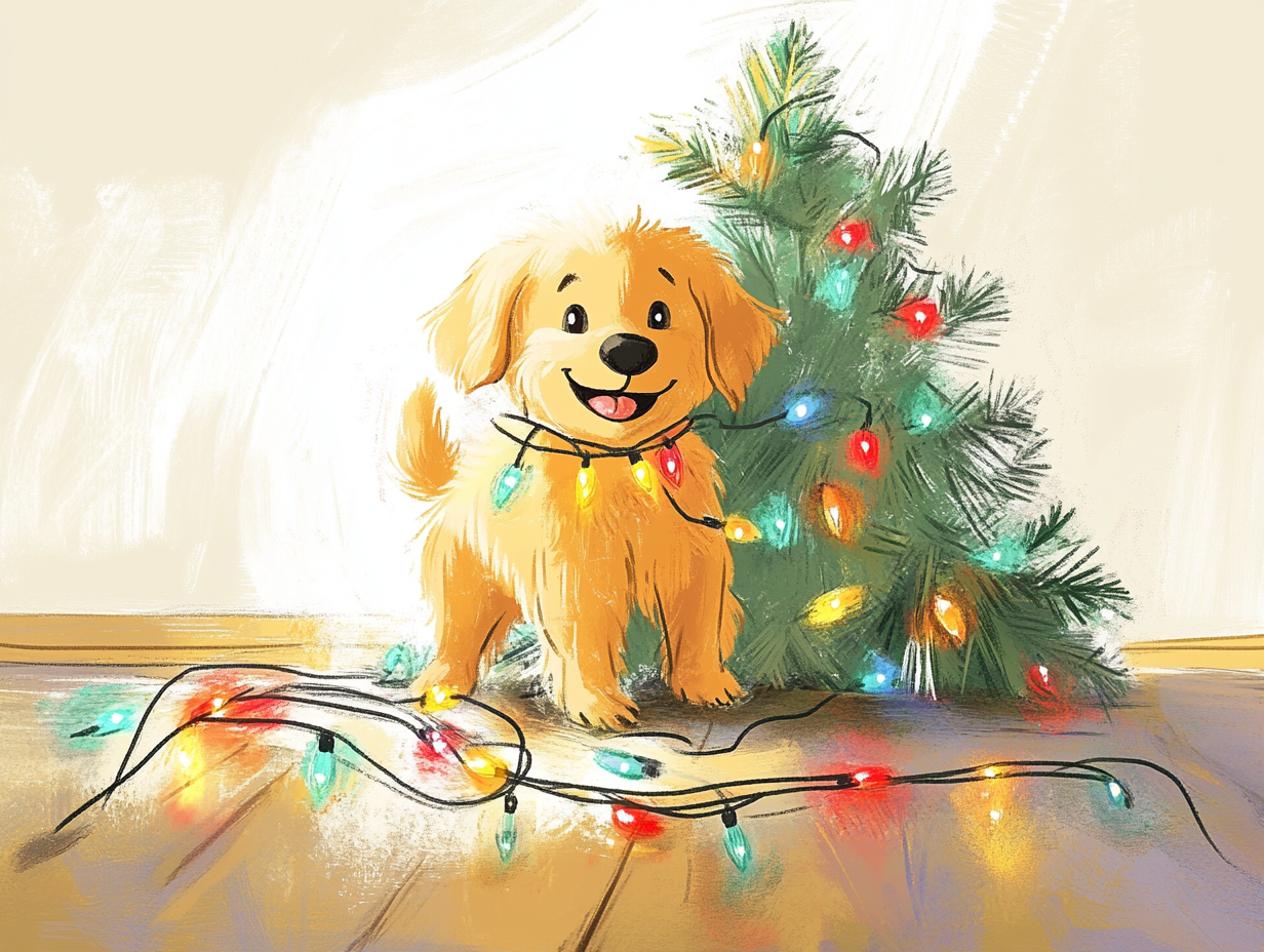 Golden Retriever Puppy with Christmas lights by fallen tree.