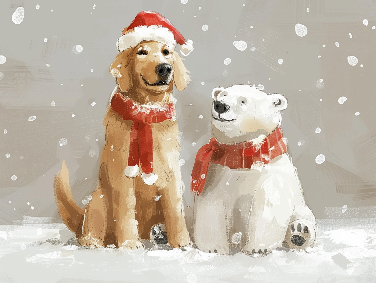 Golden Retriever and Polar Bear in Christmas gear.