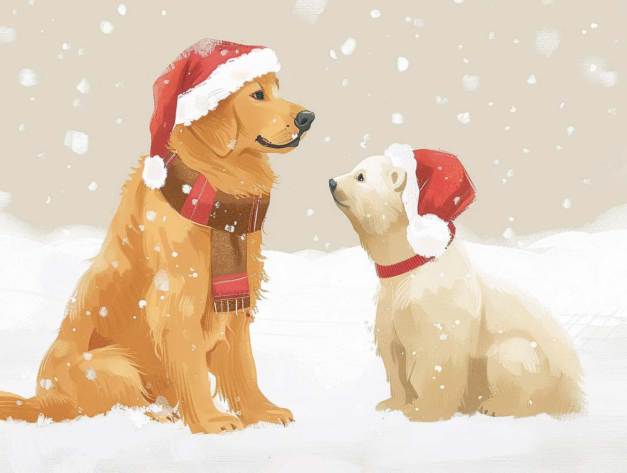 Golden Retriever and Polar Bear in Christmas hats.