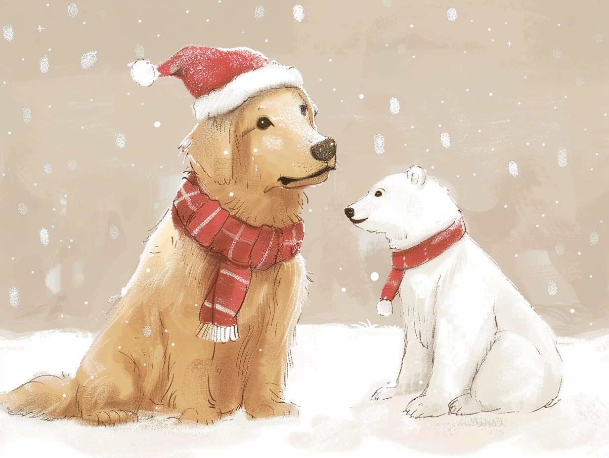 Golden Retriever and Polar Bear in hats and scarves.