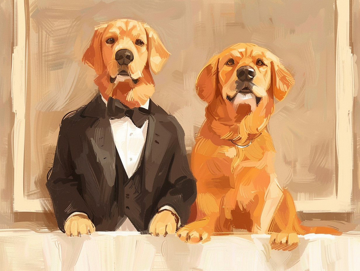 Golden Retriever and girl in tux in soft pastels.