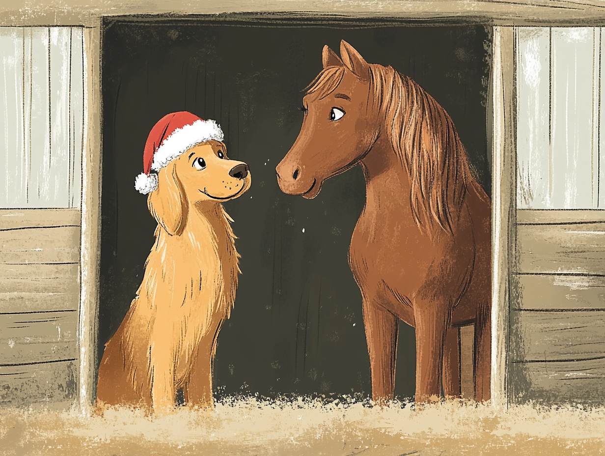 Golden Retriever and regal horse in festive Christmas scene.