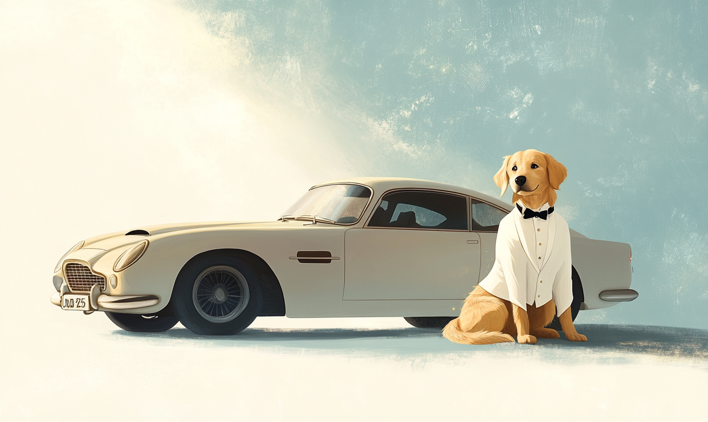 Golden Retriever as James Bond 007 with Aston Martin.