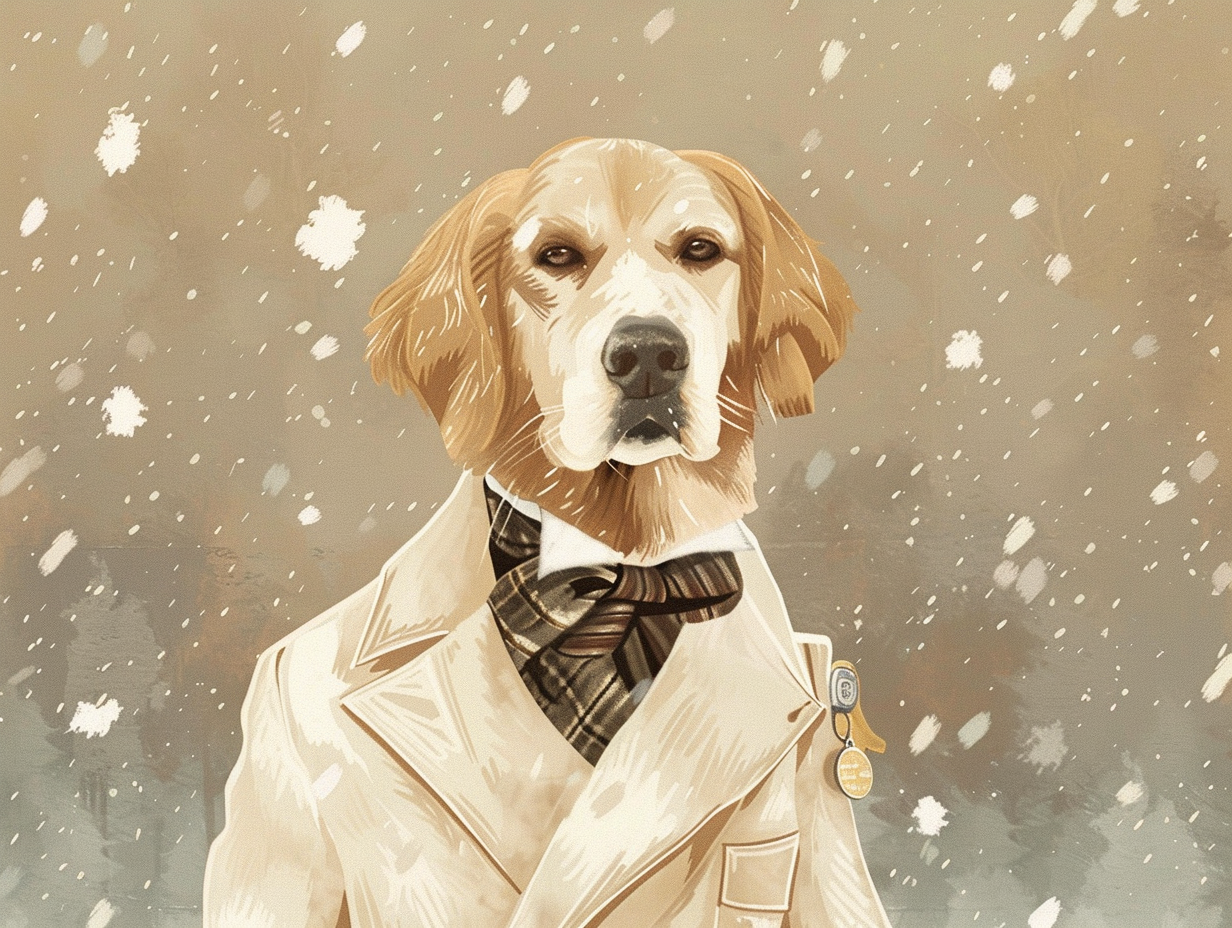 Golden Retriever as James Bond in snow scene.