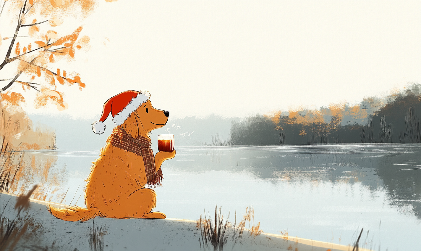 Golden Retriever by lake with hot cocoa in Santa hat.