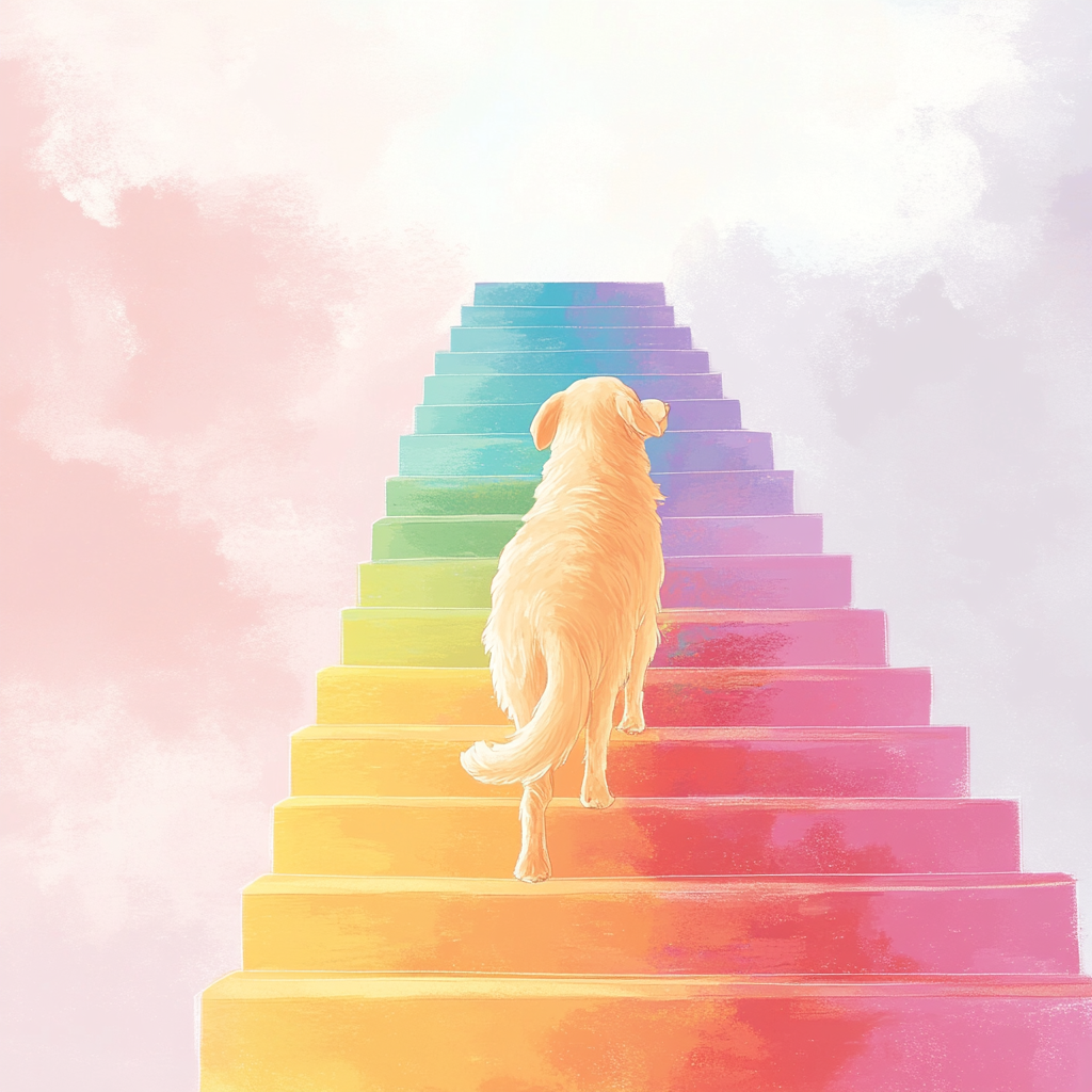 Golden Retriever climbing rainbow stairs in children's book style.