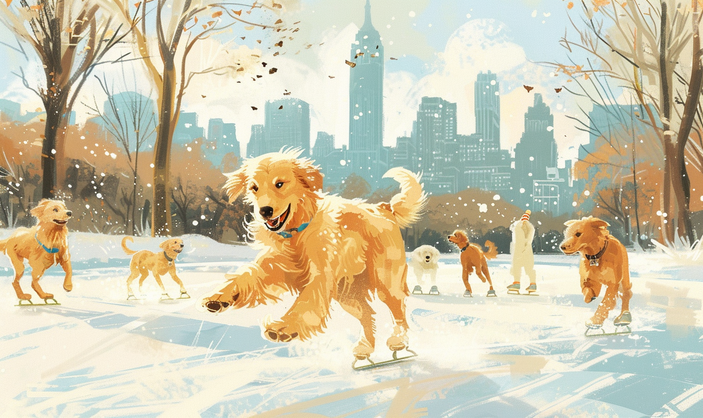 Golden Retriever dogs ice skating in Central Park.