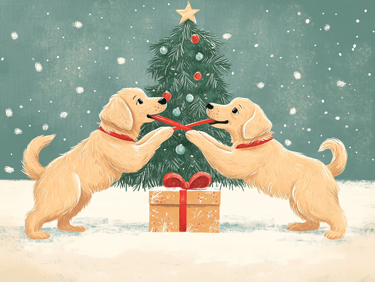 Golden Retriever dogs playing with Christmas present box.