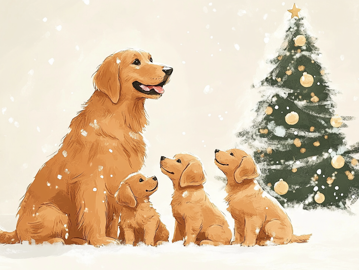 Golden Retriever family with pups beside Christmas tree.