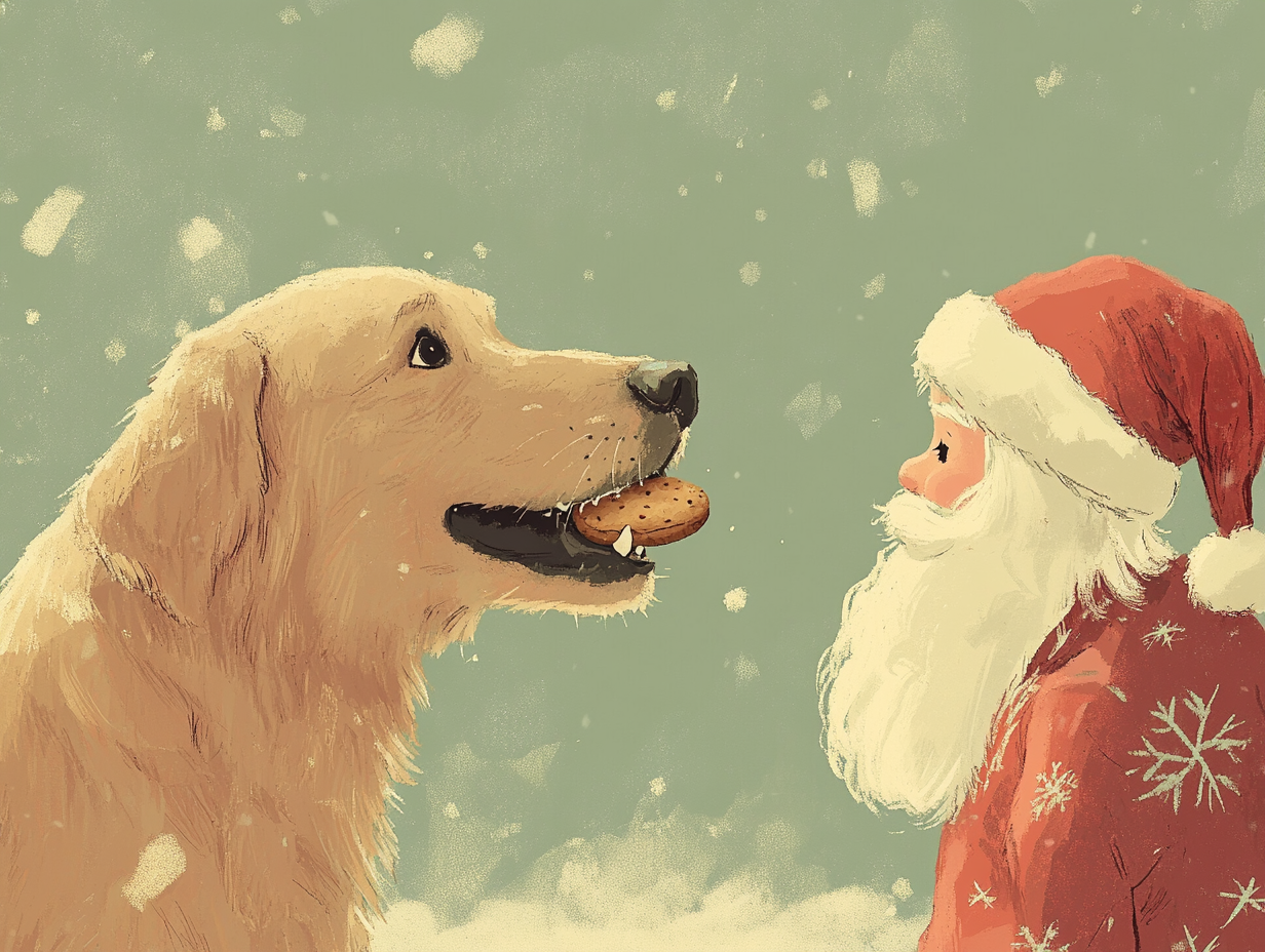 Golden Retriever holding cookie, Santa watching, holiday scene.