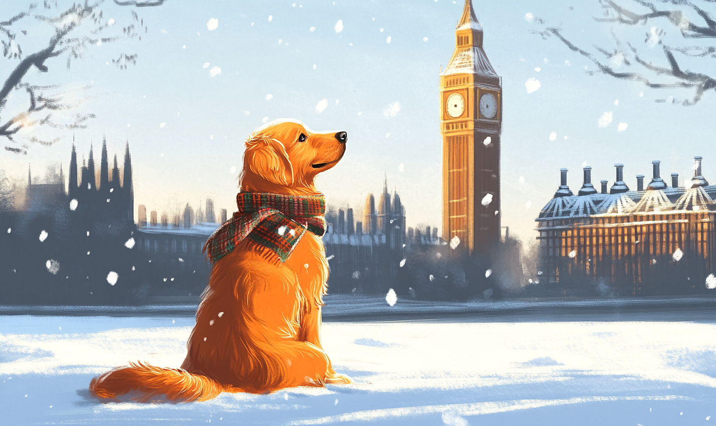 Golden Retriever in London with Big Ben, winter scene.