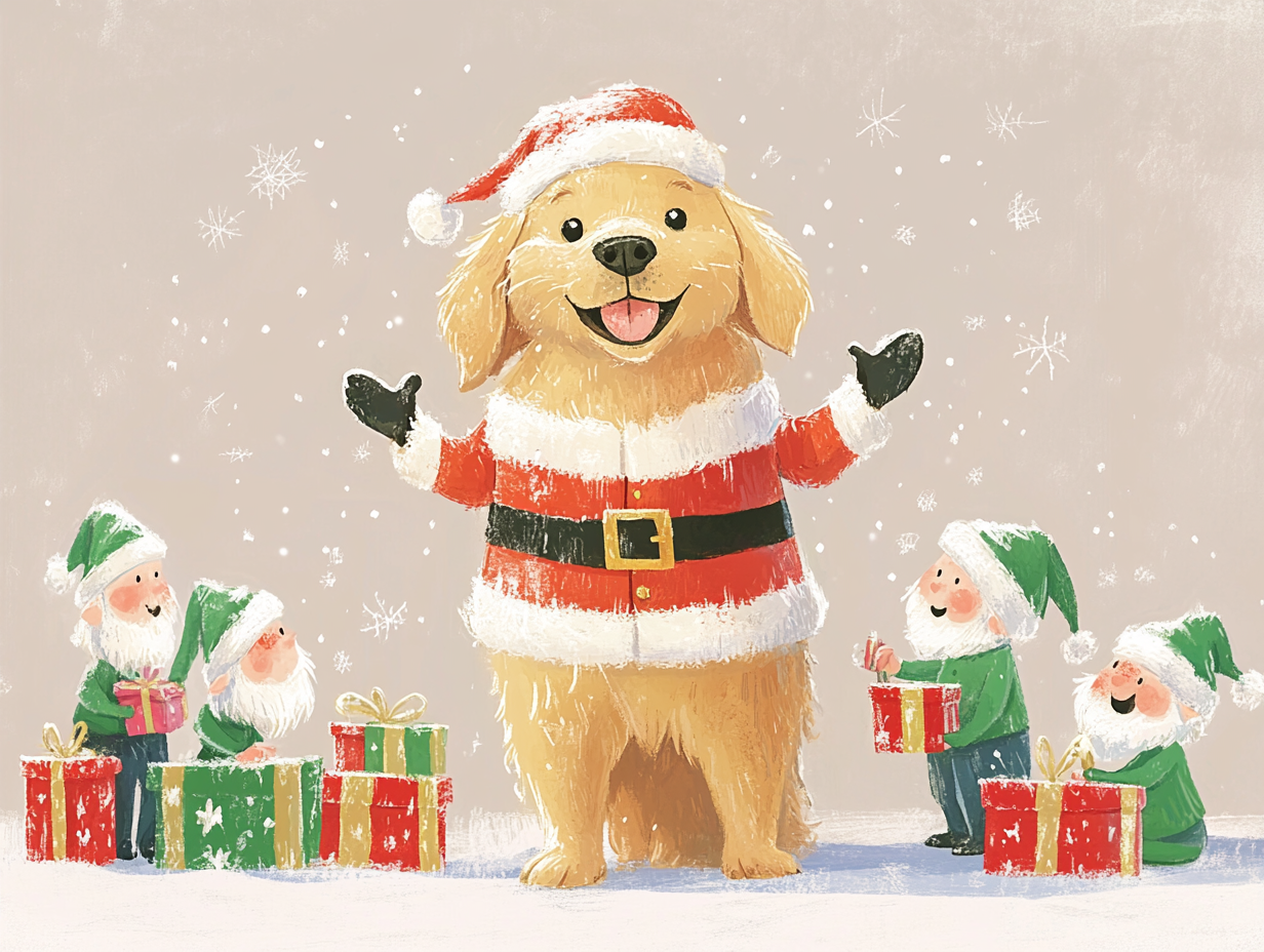 Golden Retriever in Santa Claus costume with elves.