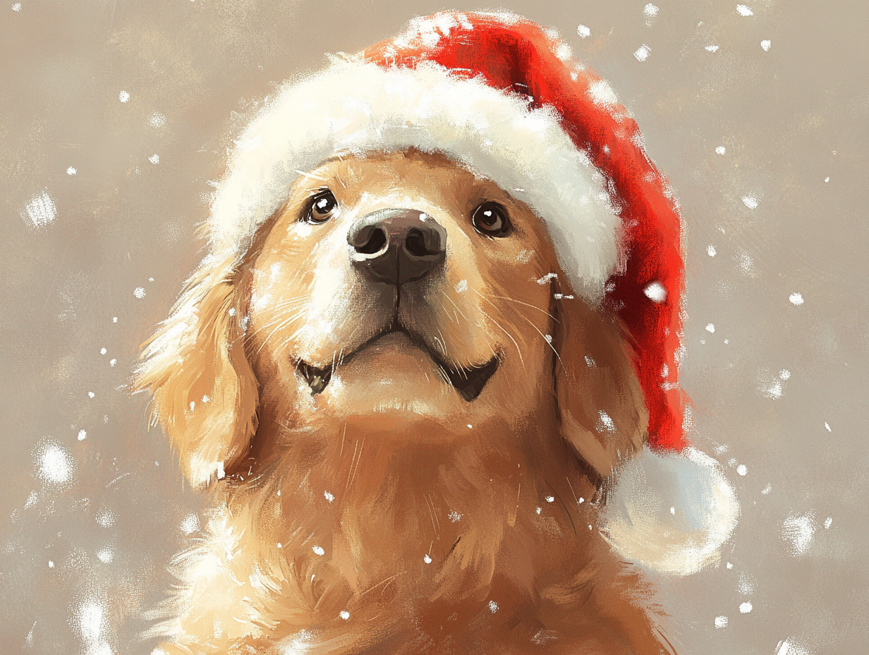 Golden Retriever in Santa clothes, like a storybook.