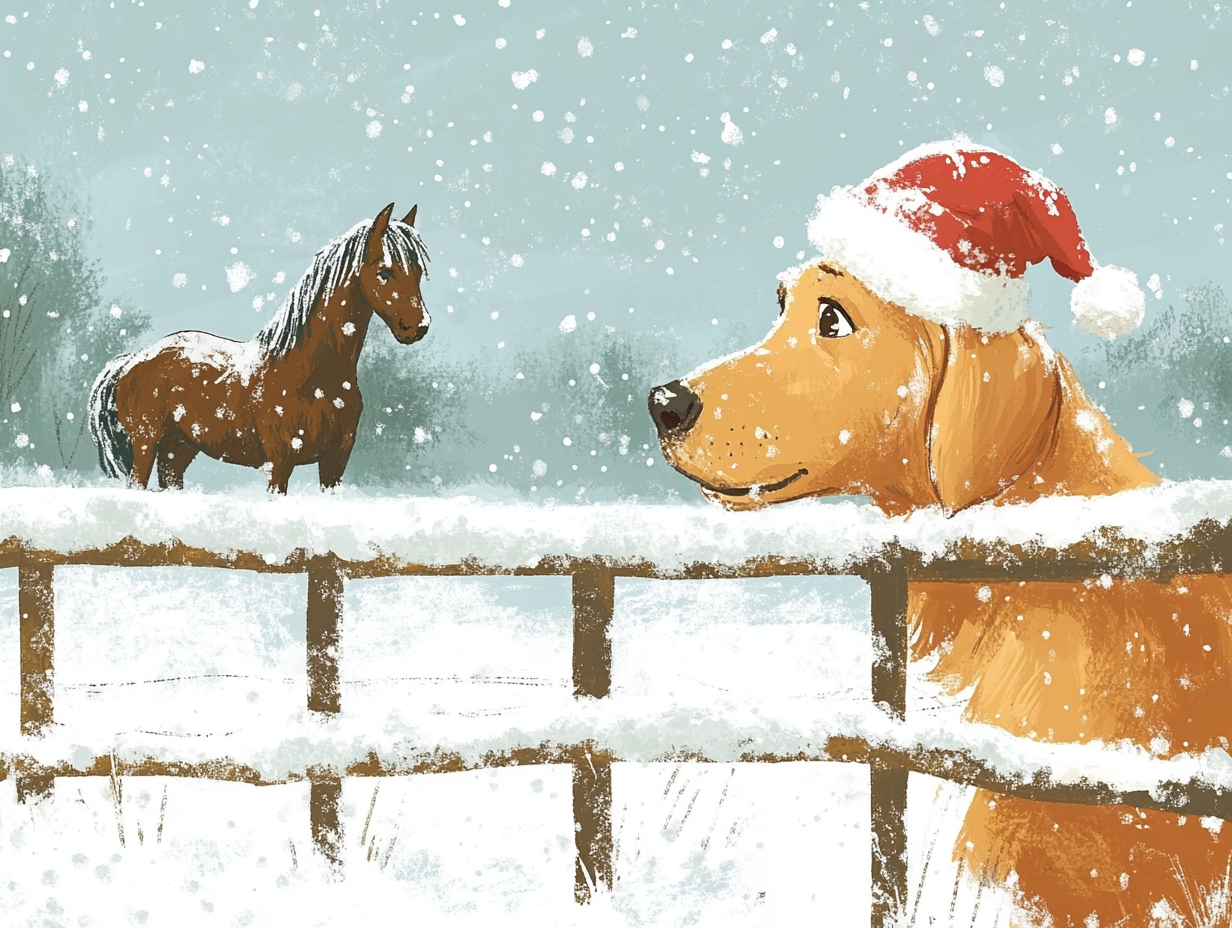 Golden Retriever in Santa hat looks at horse.