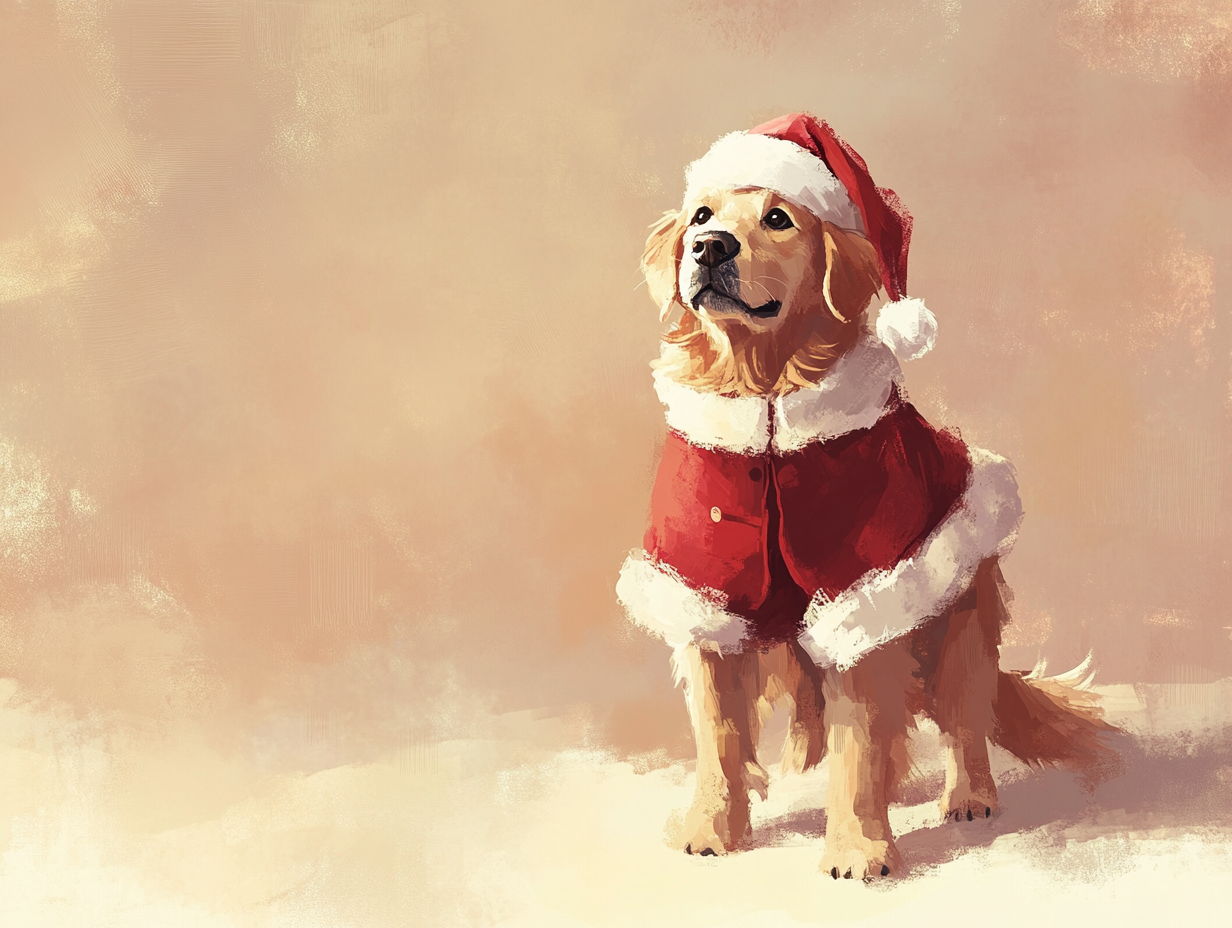 Golden Retriever in Santa outfit, kid's book drawing.