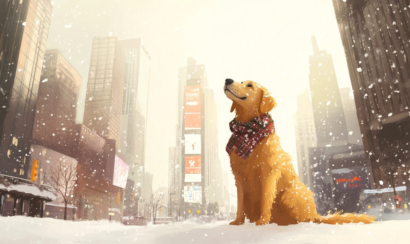 Golden Retriever in Times Square wearing scarf, snowy day.