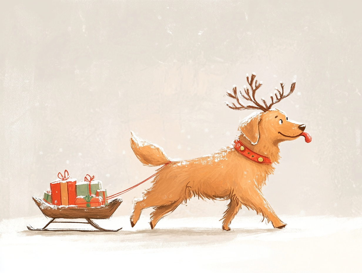 Golden Retriever in reindeer costume pulling sled with gifts.