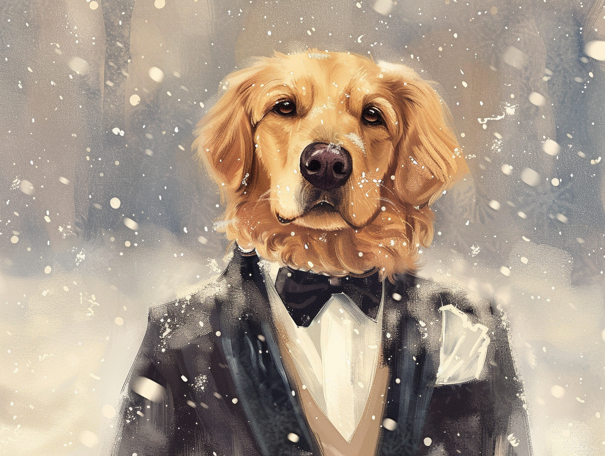 Golden Retriever in tuxedo, James Bond style, festive.