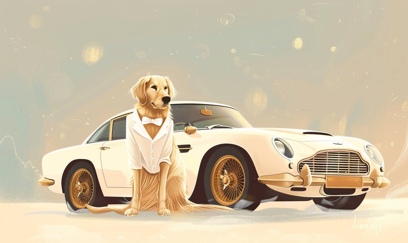 Golden Retriever in tuxedo by car, Christmas children's book.