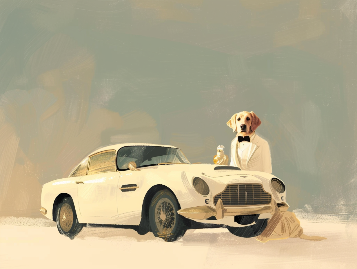 Golden Retriever in white tux with Aston Martin.