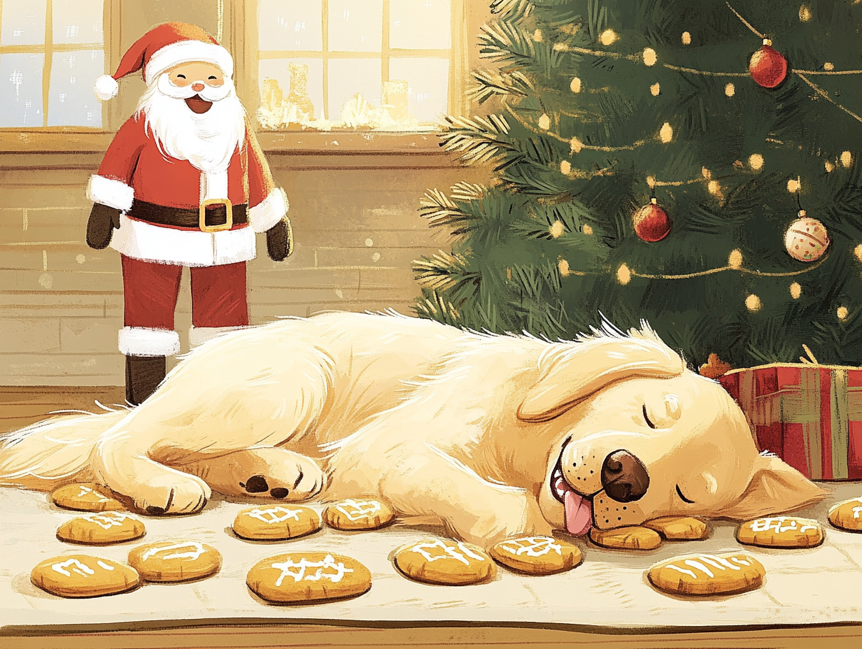 Golden Retriever napping by tree, cookies all around.