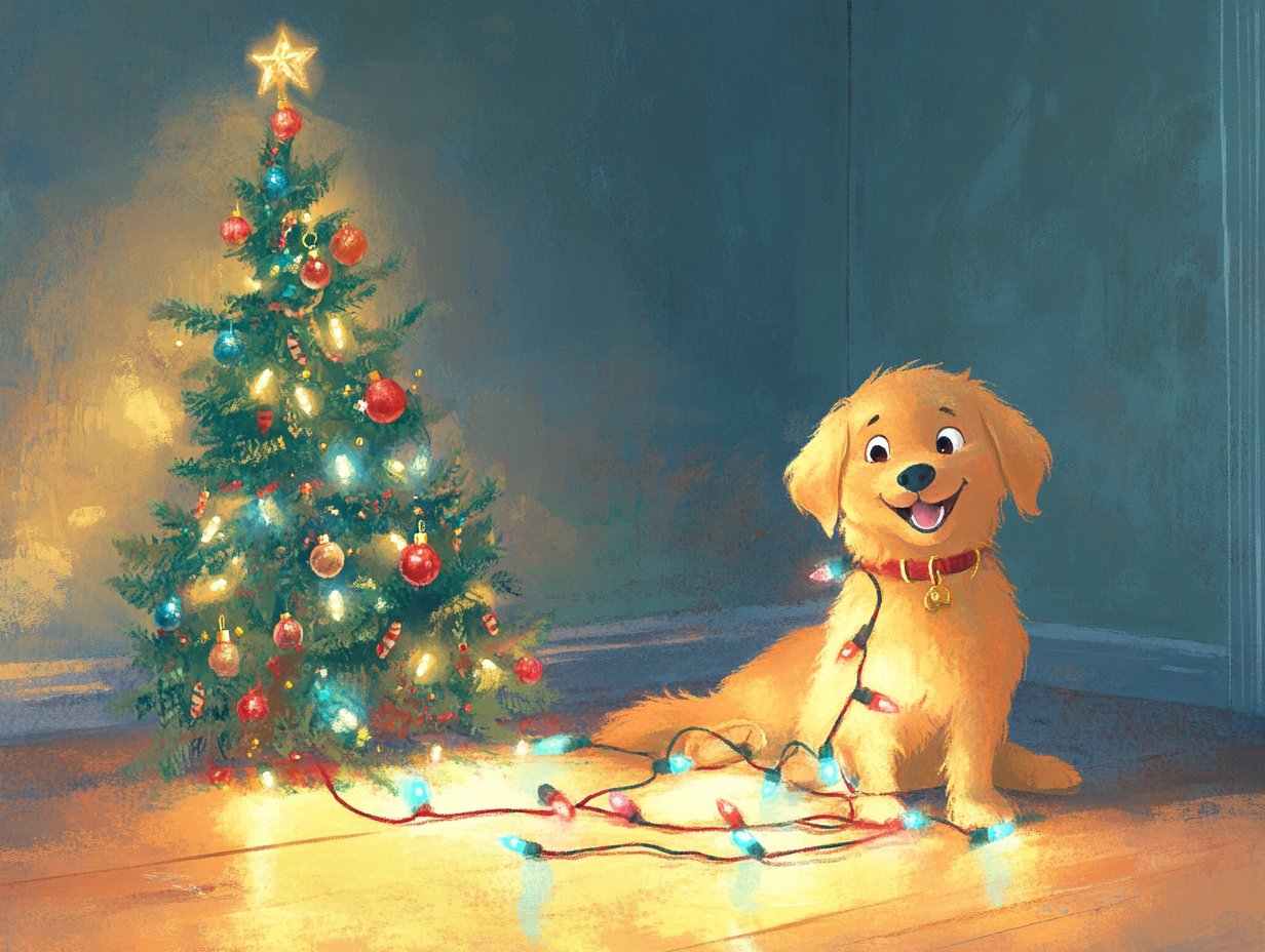 Golden Retriever puppy and fallen Christmas tree illustration.