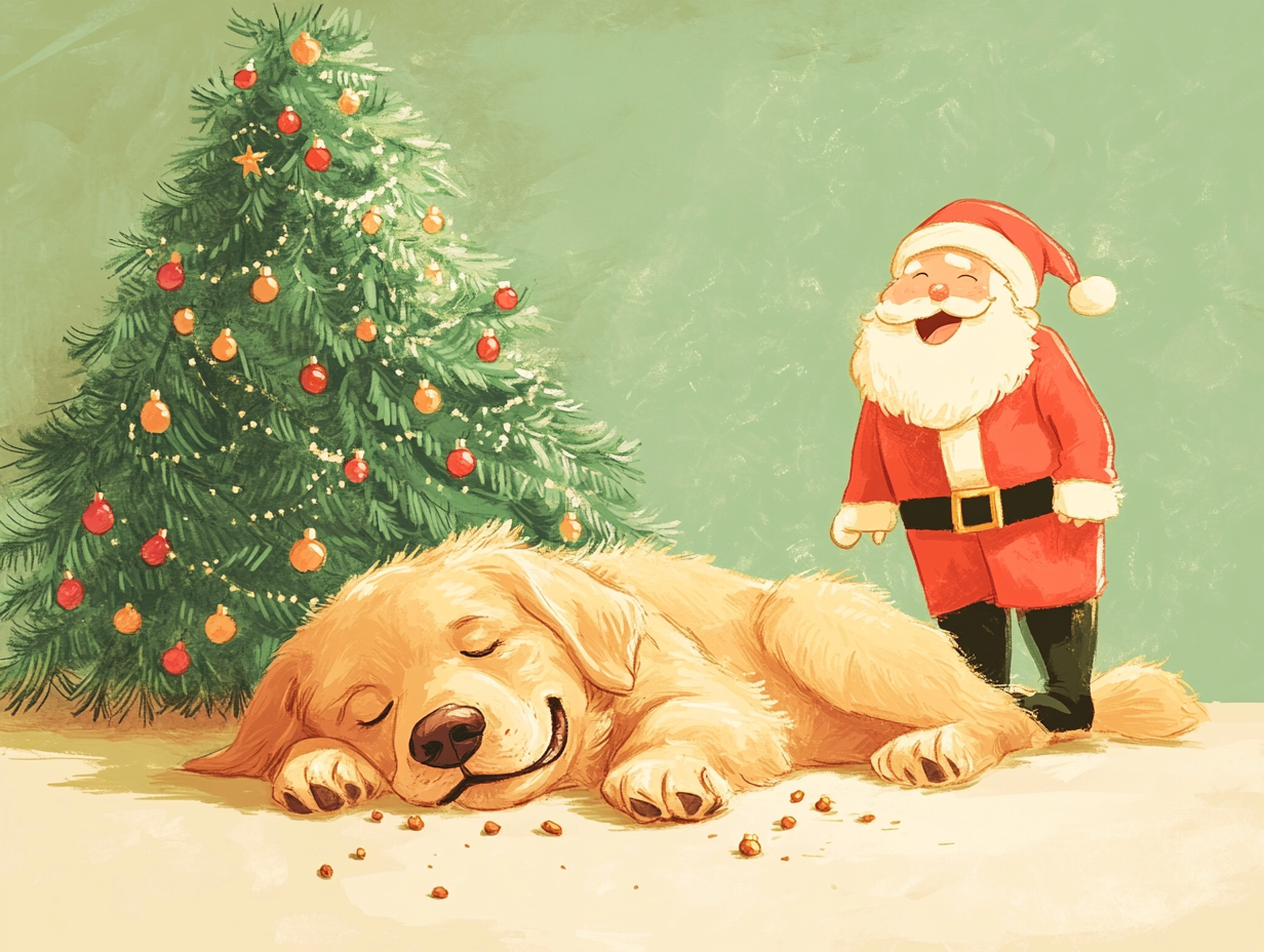 Golden Retriever sleeping with Santa over crumb-covered tree.