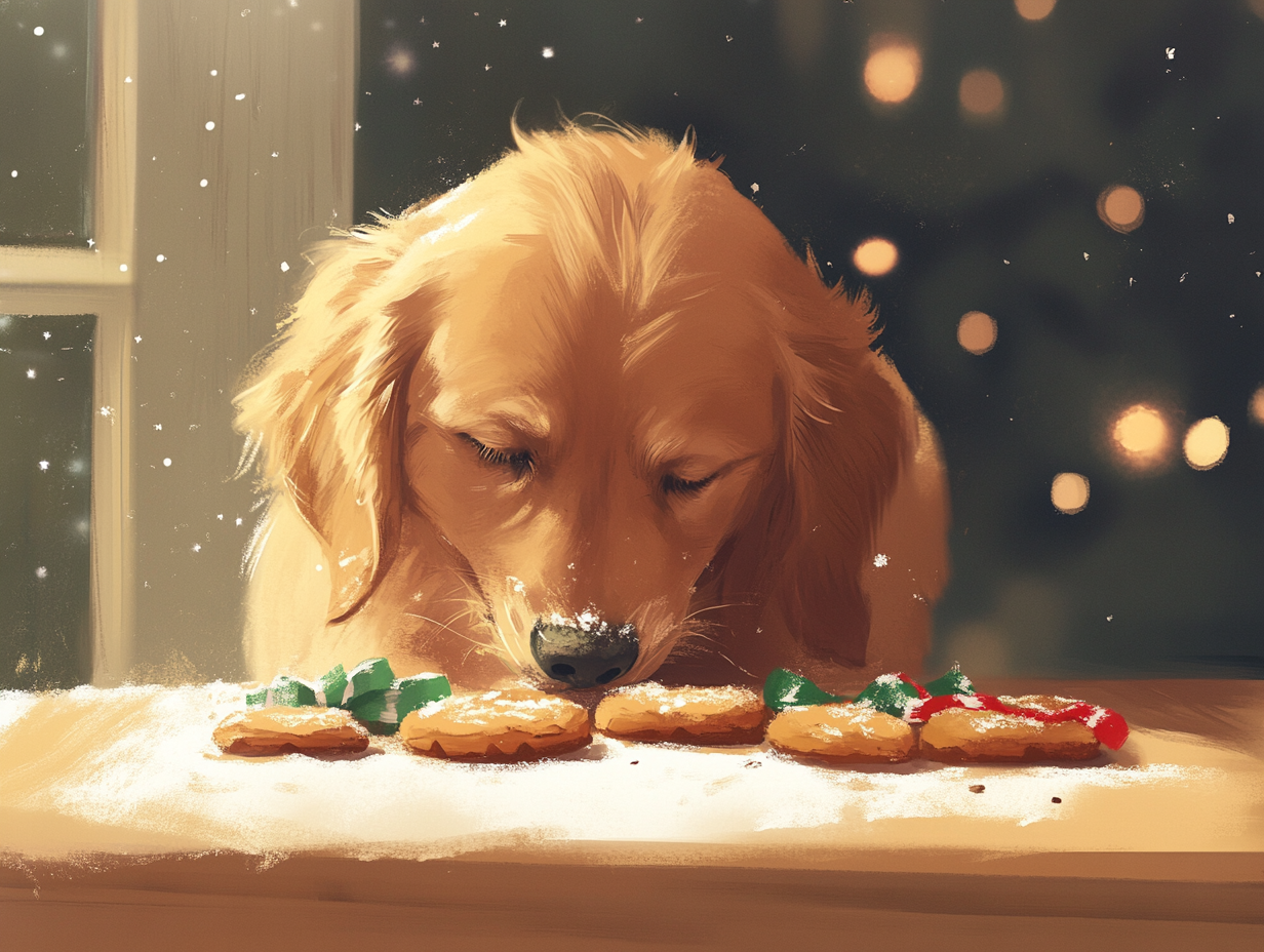 Golden Retriever stealing Santa's cookies in children's book style.