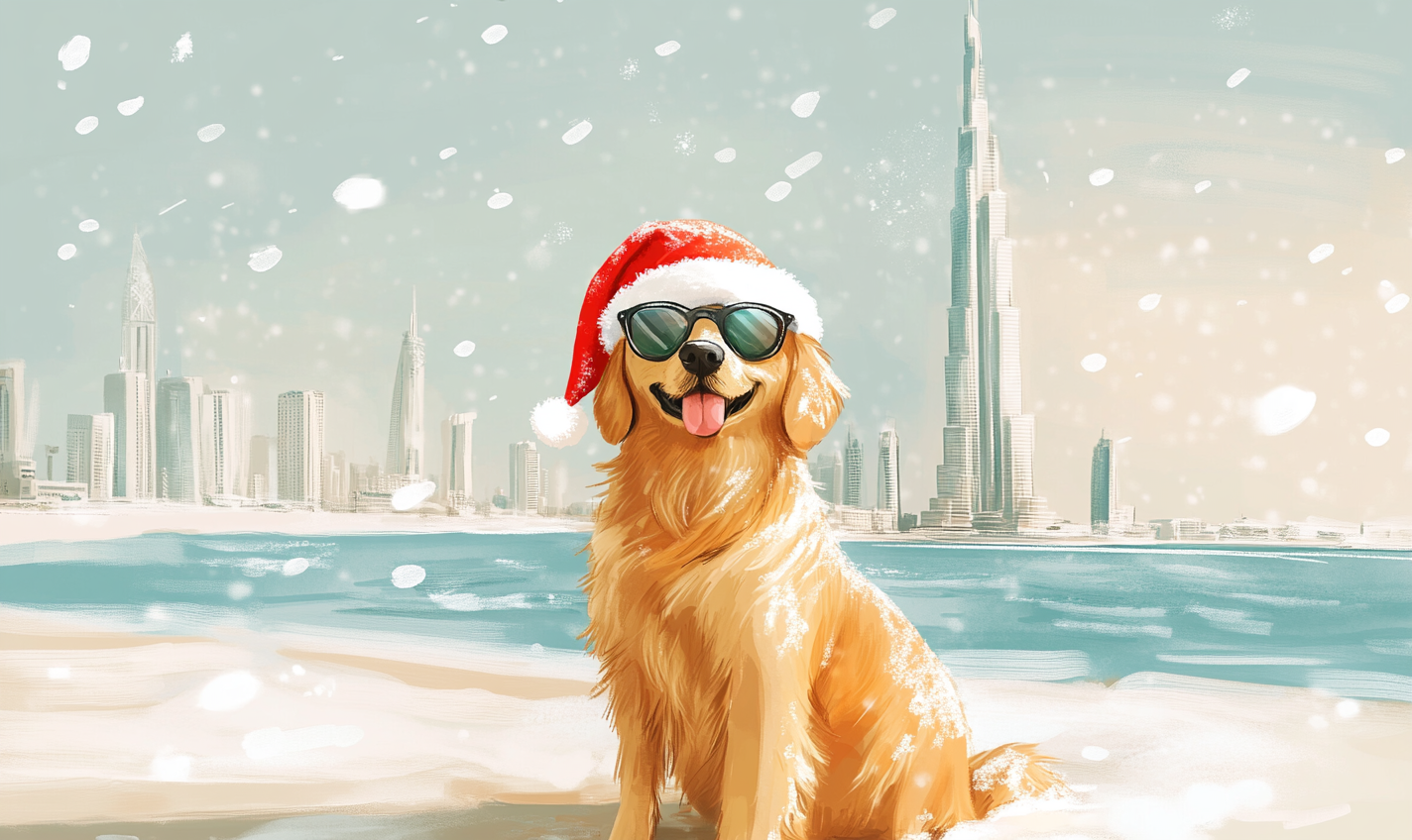 Golden Retriever wearing Santa hat and sunglasses on beach.