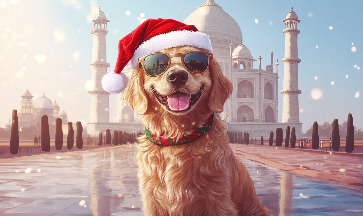 Golden Retriever wearing Santa hat at Taj Mahal.