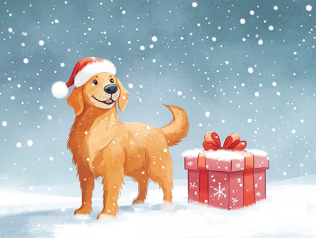 Golden Retriever with Santa hat and Christmas gift.