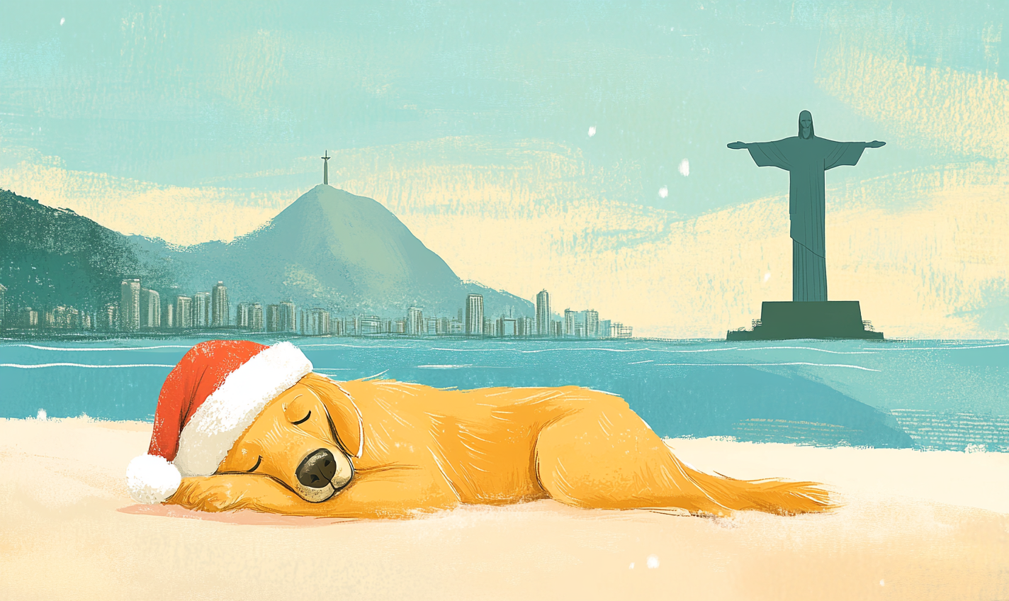 Golden Retriever with Santa hat on beach, Rio's statue.