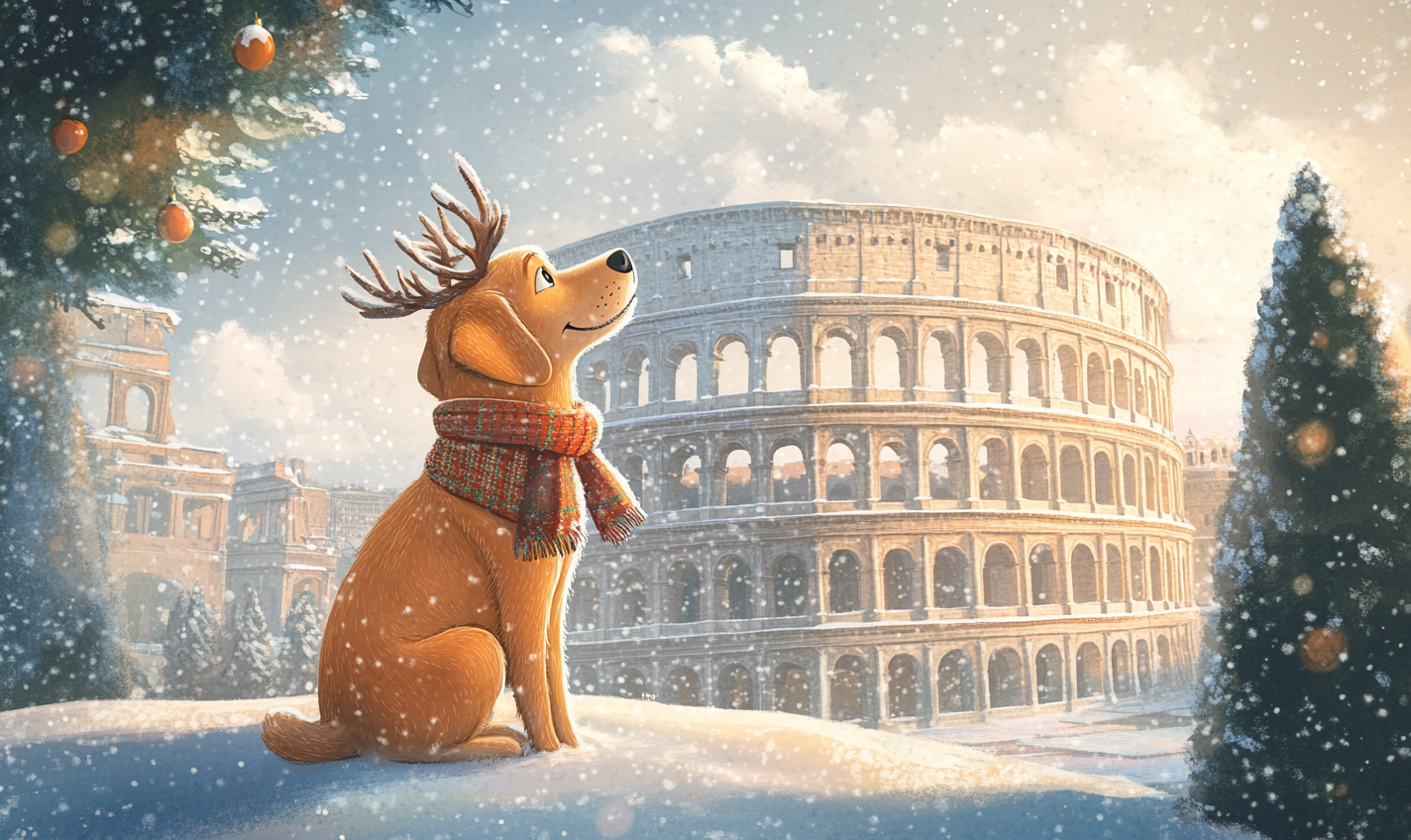 Golden Retriever with scarf and antlers in snowy Rome.