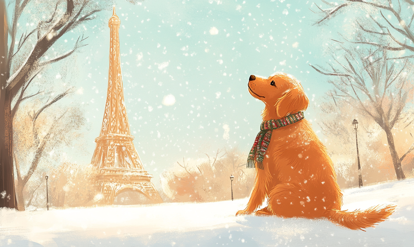 Golden Retriever with scarf in snowy Paris.