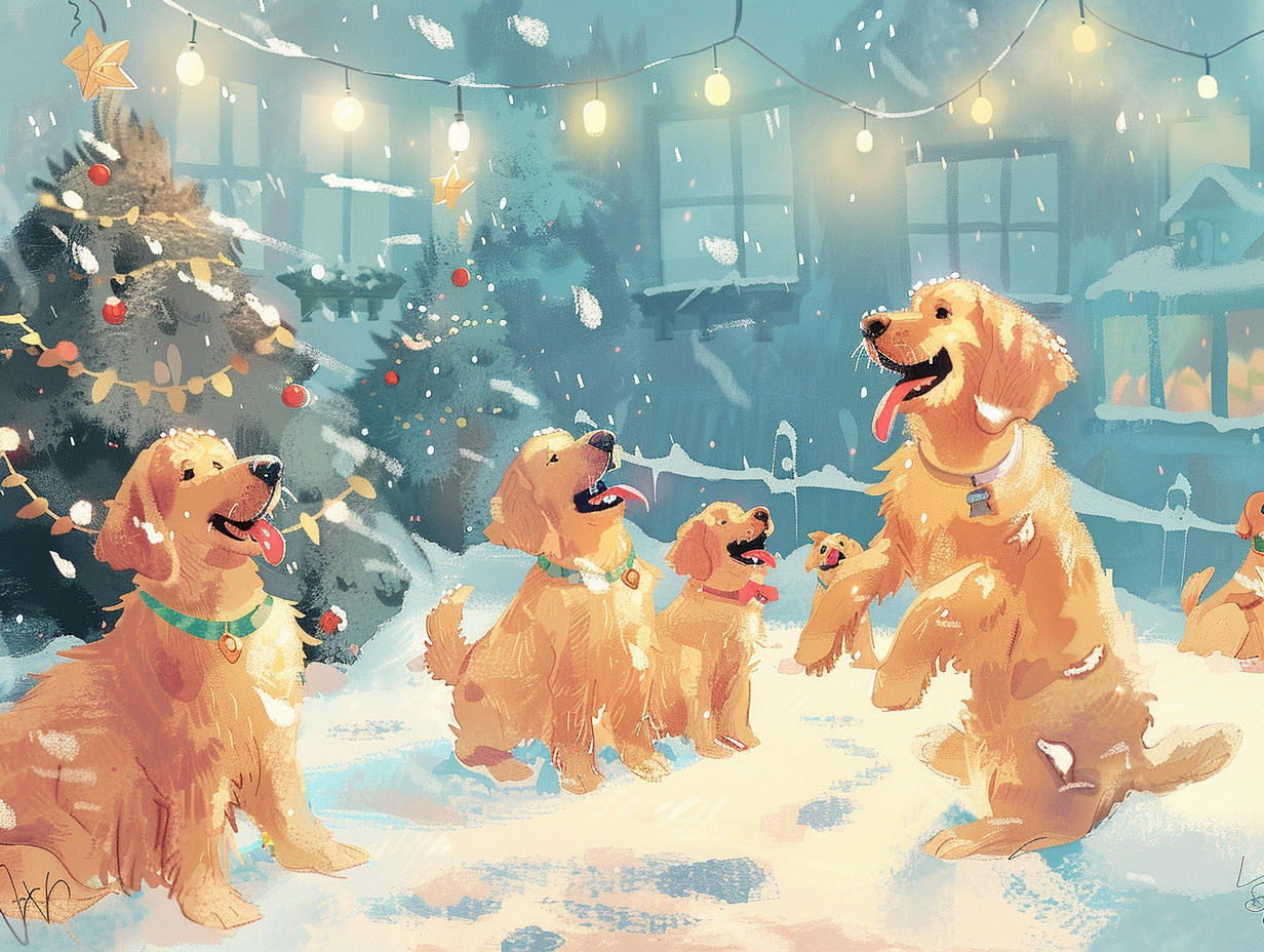 Golden Retrievers celebrating at Christmas party with soft light.