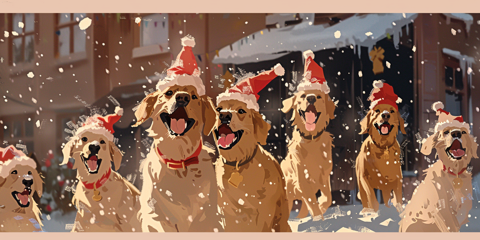 Golden Retrievers in Santa hats having Christmas party.