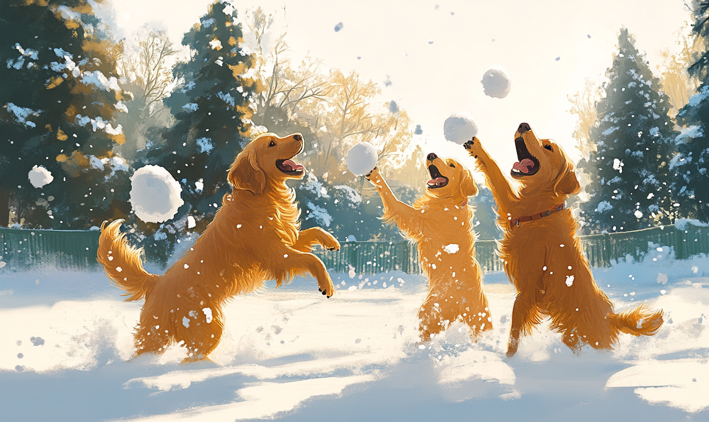 Golden Retrievers playing in snow with Christmas trees around.